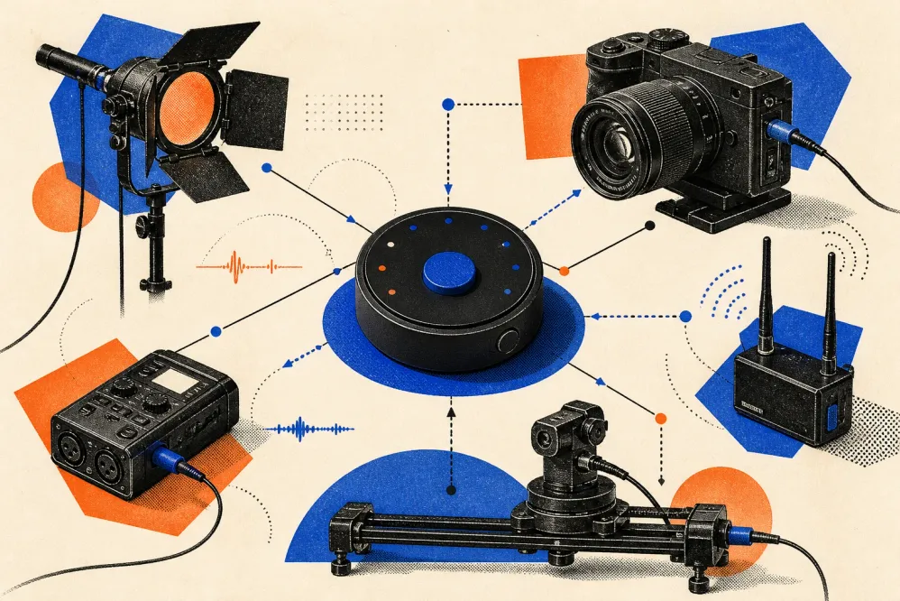 Editorial collage of a round studio controller connected to a camera, light, audio recorder, and motion rig.