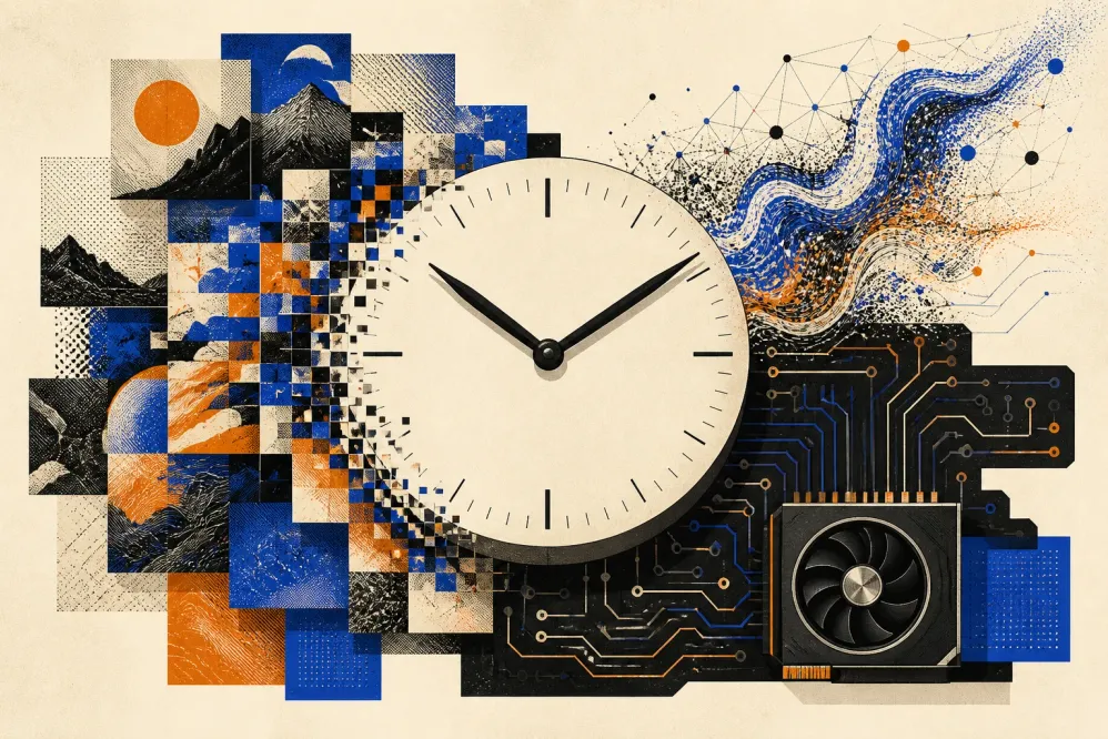 Editorial collage of an analog clock emerging from generated image tiles, circuitry, and a graphics processor.