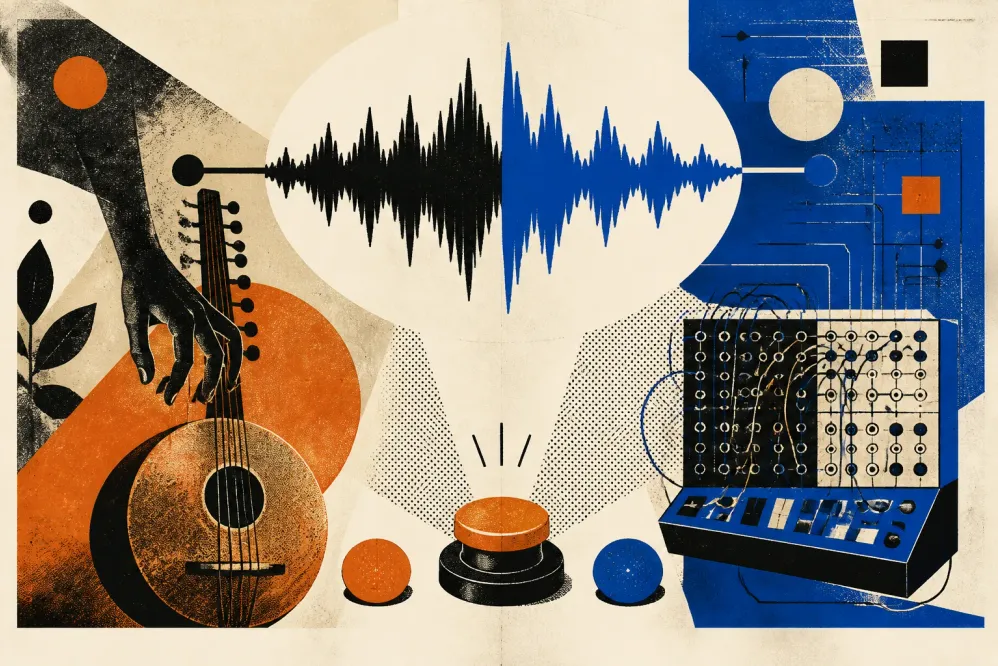 Editorial collage of a music waveform split between an acoustic instrument and a synthesizer with a game buzzer.