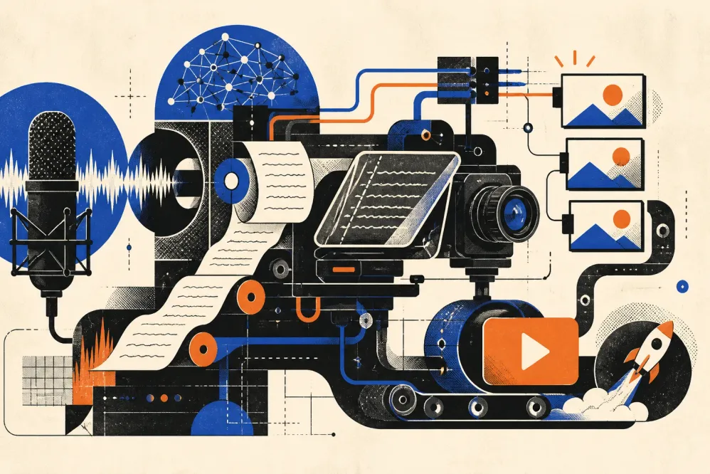 Editorial collage of a microphone, script pages, camera, teleprompter, and connected production frames.